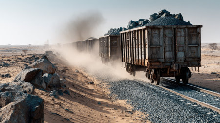 A dusty freight train carries gravel through a vast arid desert landscape, showcasing the rugged beauty of nature and industrial transport in motion.の素材