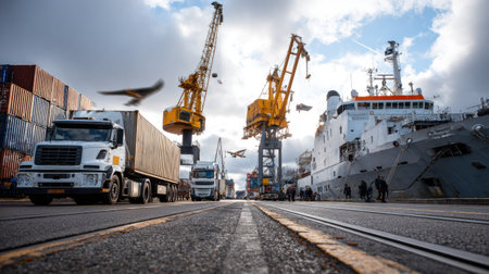 A vibrant scene of a bustling port where cranes lift containers onto ships while trucks await loading, showcasing the dynamic maritime industry under a bright sky.の素材