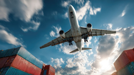 A majestic airplane soars above colorful cargo containers, set against a dynamic sky with clouds and sunlight, capturing the essence of global transport.の素材