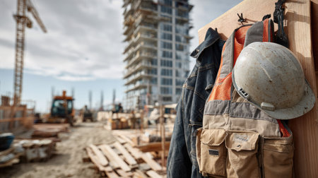 A close-up view of safety gear, including a hard hat and safety vest, hanging against a backdrop of a construction site with ongoing work on a high-rise structure.の素材