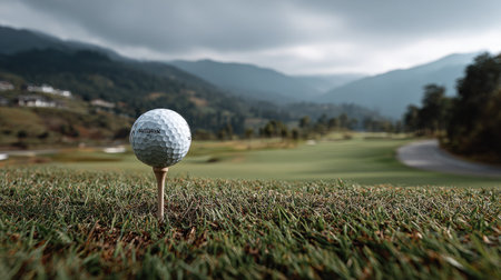 A close-up view of a golf ball placed on a tee with a stunning green landscape and dramatic mountains in the background, perfect for sport enthusiasts.の素材