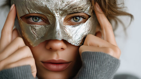 A captivating close-up of a woman holding a metallic mask in front of her face, showcasing her intense gaze. The soft natural light enhances her beauty and the elegant details in a modern setting create an artistic atmosphere.の素材