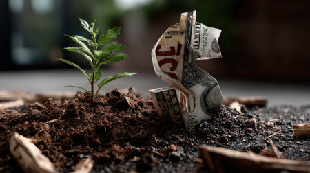 This image creatively represents the concept of financial growth with a dollar bill shaped as a dollar sign emerging alongside a small plant in soil.の素材