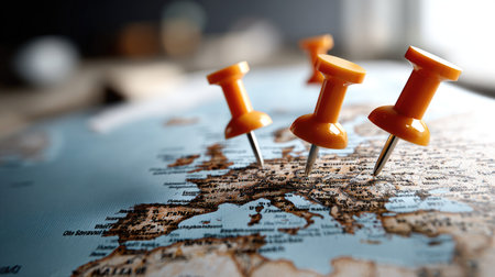 A detailed view of a map featuring orange push pins marking various locations in Europe, symbolizing travel, exploration, and adventure planning.の素材