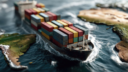 A vibrant container ship loaded with colorful cargo sails through dynamic ocean waves, illustrating maritime transport and global trade in action.の素材