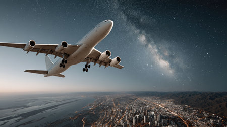 An airplane soars above a vibrant city skyline, capturing the serene beauty of a starry night sky and the stunning galaxy, creating a mesmerizing scene.の素材