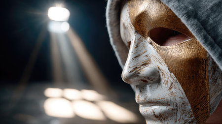 Close-up of a mysterious figure wearing a golden mask and hoodie, illuminated by dramatic lighting. This image captures intrigue, identity, and artistic expression.の素材
