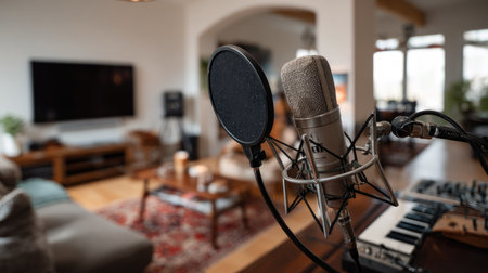 A detailed view of a microphone with a pop filter indicates a professional recording setup in a stylish living room, blending creativity with comfort.の素材