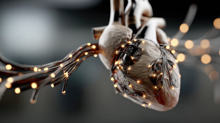 A stunning and detailed 3D model of a human heart intertwined with glowing vascular structures, showcasing the beauty of human anatomy in a creative artistic representation.の素材
