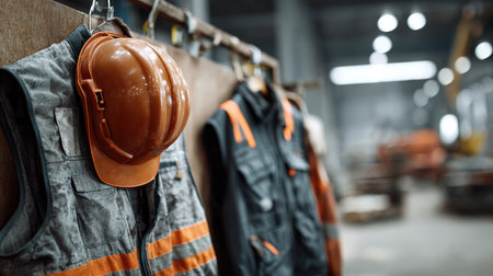 A close-up view of safety gear including an orange helmet and work vests hanging in an organized manner within an industrial workshop, ready for use.の素材