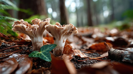 Explore the serene beauty of wild mushrooms emerging from a bed of brown leaves, showcasing nature's intricate details in a tranquil forest setting.の素材