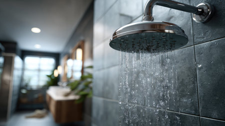A sleek showerhead delivers a gentle flow of water in a modern bathroom, showcasing elegant design elements and a tranquil atmosphere perfect for relaxation.の素材