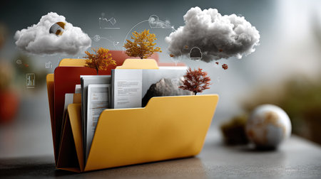 This imaginative image features vibrant document folders blending with elements of nature, showcasing creativity and organization in a professional setting.の素材