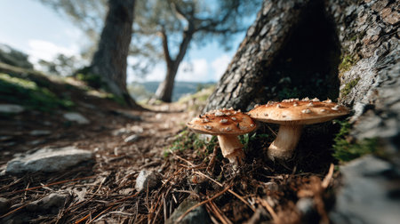 A serene close-up view of two brown mushrooms growing at the base of tree roots, capturing the natural beauty and tranquility of the forest environment.の素材