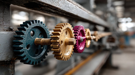 A close-up view of colorful gears in an industrial setting, showcasing intricate machinery components against a blurred background, highlighting the essence of technology and manufacturing.の素材