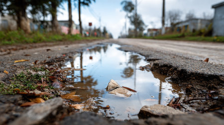 A serene scene showcasing a puddle on a roadside, reflecting the sky and surroundings on a cloudy day, highlighting the beauty of nature in urban settings.の素材