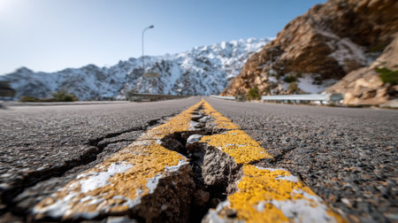 A stunning view of a cracked asphalt road stretching towards majestic snow-capped mountains under a clear blue sky, showcasing natural beauty and adventure.の素材