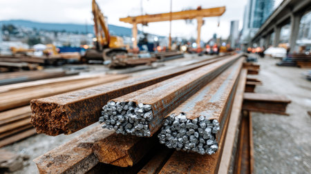 This image captures a close-up view of rusty steel rails situated at a construction site, showcasing machinery and cranes against a cloudy sky, highlighting industrial progress.の素材