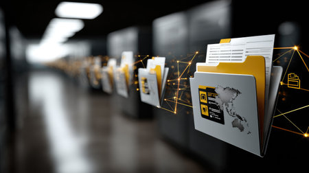 A futuristic office setting showcasing a digital file management system with floating folders connected by data links, highlighting innovation in organization.の素材