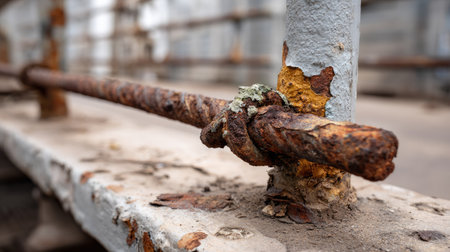 Close-up view of a rusty metal rod showing significant corrosion, highlighting the texture and decay on an industrial structure's surface.の素材