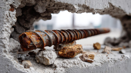 A close-up view of a rusty steel reinforcement rod protruding from cracked concrete, surrounded by small stones, showcasing industrial decay and texture.の素材