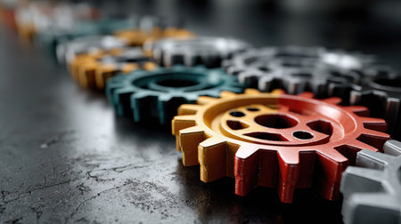 A striking arrangement of colorful mechanical gears displayed on a dark surface, symbolizing innovation in engineering and technology. Ideal for showcasing industrial concepts.の素材