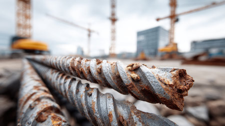 A close-up of rusty steel rebar lies in the foreground, showcasing construction work with cranes in the blurred background under cloudy skies.の素材