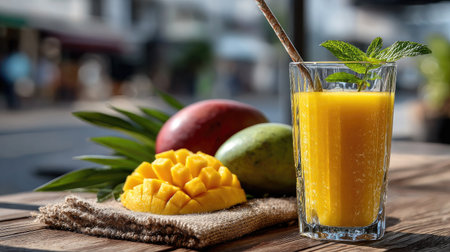 A refreshing glass of mango juice sits on a rustic wooden table, accompanied by fresh mangoes and vibrant mint leaves, creating a tropical ambiance.の素材