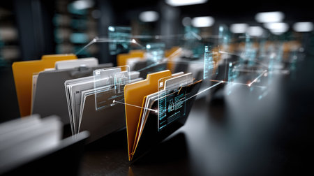This image depicts a futuristic concept of digital file management, showcasing folders with advanced technology and data visualization, symbolizing efficiency.の素材