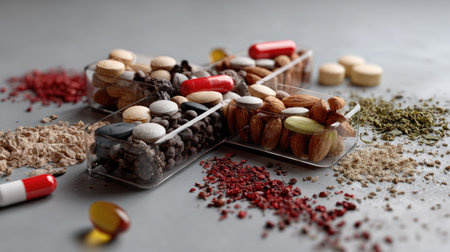 A vibrant collection of assorted vitamins, supplements, and nuts arranged artistically on a gray surface, representing health and wellness themes.の素材