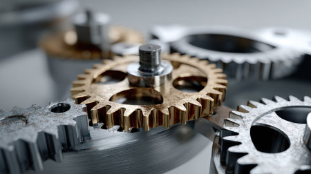 This image showcases a close-up view of intricate gears interlocking in a mechanical system, highlighting the contrast between steel and bronze materials.の素材