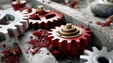 A close-up view of red and silver gears resting on a gritty surface. The image captures the essence of industrial machinery with a blend of creativity and craftsmanship.の素材