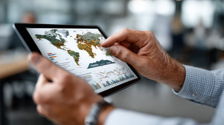 A person interacts with a tablet displaying a detailed world map, data graphs, and charts in a modern workspace, showcasing technology-driven analysis and insights.の素材
