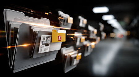 A vibrant depiction of digital folder organization featuring abstract motion and light effects, highlighting modern technology in a sleek office setting.の素材