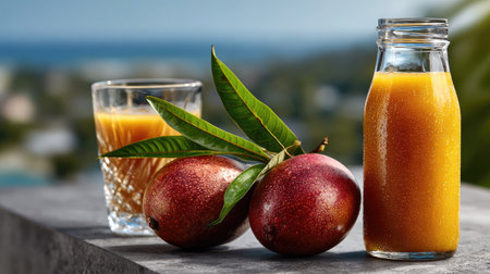 A beautiful arrangement featuring a bottle of fresh mango juice, ripe mangoes, and a glass filled with juice on an outdoor table, showcasing a scenic view.の素材