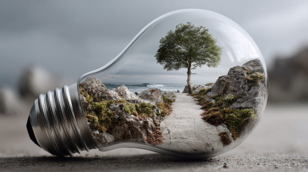 This surreal image depicts a light bulb containing a tree on a winding path amidst rocks near the ocean, symbolizing the fusion of nature and technology.の素材