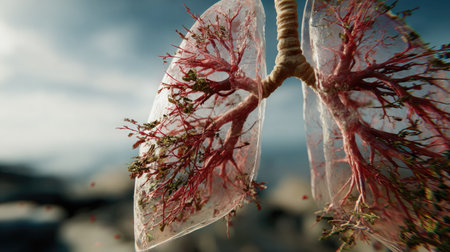 A striking close-up depiction of human lungs showcasing intricate blood vessel details and healthy tissue against a blurred natural backdrop, exemplifying respiratory health.の素材