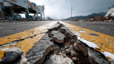 This image shows a cracked road surface caused by a natural disaster, with urban ruins in the background under an overcast sky. The scene represents environmental impact.の素材