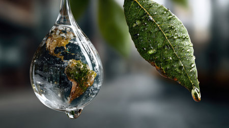 A stunning close-up view of a water drop containing the earth, suspended on a leaf, highlighting the importance of environmental protection and sustainability.の素材