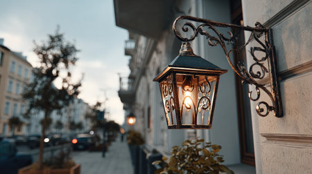 A charming vintage street lantern hangs against an urban architecture backdrop, softly illuminating the sidewalk. This serene evening scene evokes a cozy atmosphere, perfect for a stroll.の素材