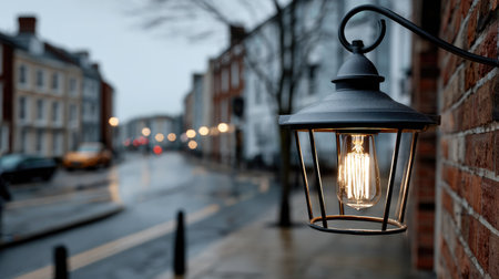 A vintage street lantern casts a warm glow in a rainy urban environment, highlighting historic buildings and creating a cozy ambiance at dusk.の素材