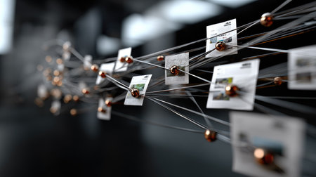 This striking image showcases a modern abstract network featuring connected images linked by metallic spheres and lines, reflecting innovation and creativity.の素材