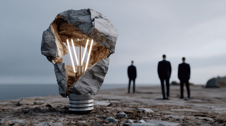 A captivating image of a light bulb emerging from a rock sculpture, with silhouetted figures in the background, evoking themes of creativity and inspiration.の素材