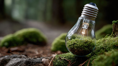A captivating light bulb rests on vibrant moss in a tranquil forest, symbolizing the harmony between technology and nature. Embrace eco-friendly ideas.の素材