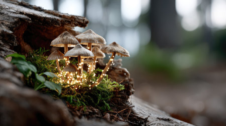 A captivating image of glowing mushrooms in an enchanting forest setting, highlighting nature's beauty with moss-covered wood and soft illumination.の素材