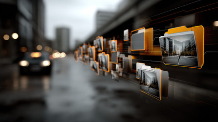 A futuristic digital archive concept featuring floating image folders in an urban setting, depicting innovation and modern technology in a creative way.の素材