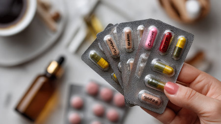 A close-up of a hand holding blister packs of colorful dietary supplements and vitamins alongside a cup of coffee on a rustic wooden table.の素材