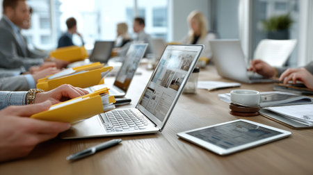 A dynamic business meeting scene featuring professionals engaged in discussion, utilizing laptops and printed materials on a modern office table.の素材