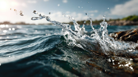 This captivating image captures the dynamic splashes of water as they interact with rocks, showcasing the beauty of nature in a tranquil ocean scene.の素材