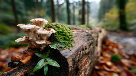 Stunning close-up view of mushrooms growing on a moss-covered log in a serene forest setting, showcasing the beauty of nature during autumn.の素材